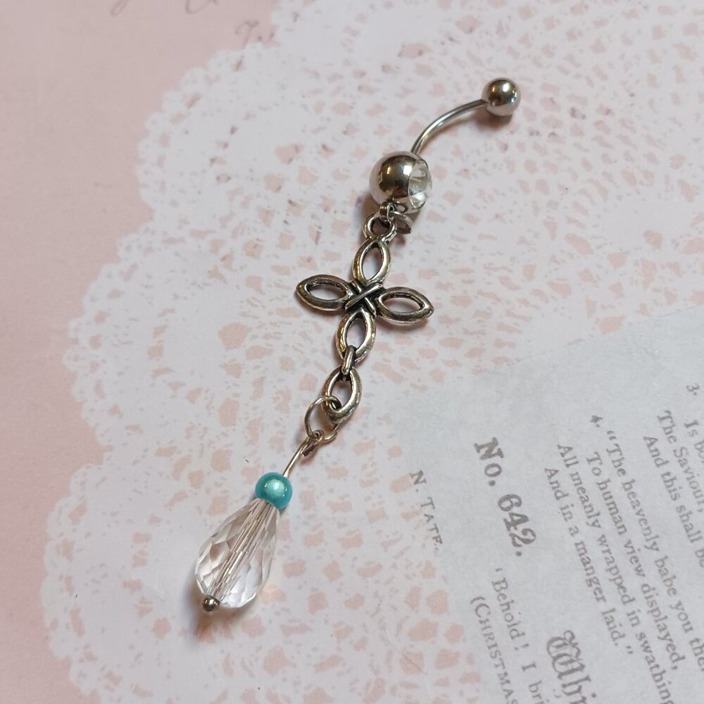 Crystal Teardrop Blue Glow Bead and Cross  Clear Gem Belly Dangle Belly Ring